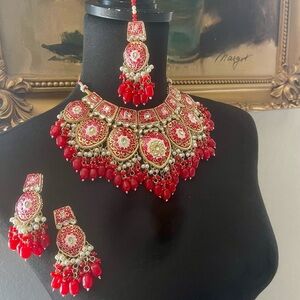 Bollywood Style Red and Gold Ethnic Gold plated Beaded Kundan Necklace set tikka